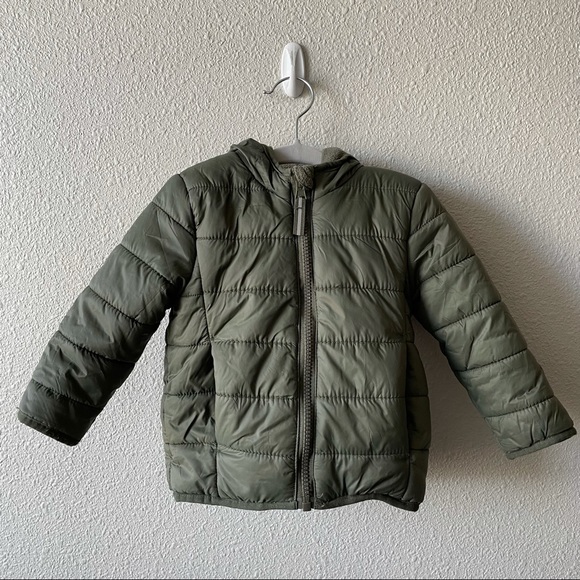 Cat & Jack Olive Green Puffer Jacket Faux Fleece Lined Boys 18 Months